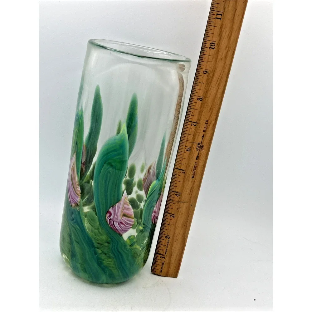 Vtg Signed Fulk & Fulk Vase Blown Clear Glass W/ Incorporated Pink‎ Flowers Vase